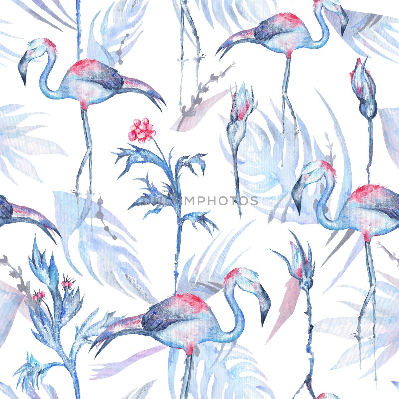 Seamless texture with frosty blue tropical plants, flowers and birds on white background for textile and wallpaper design