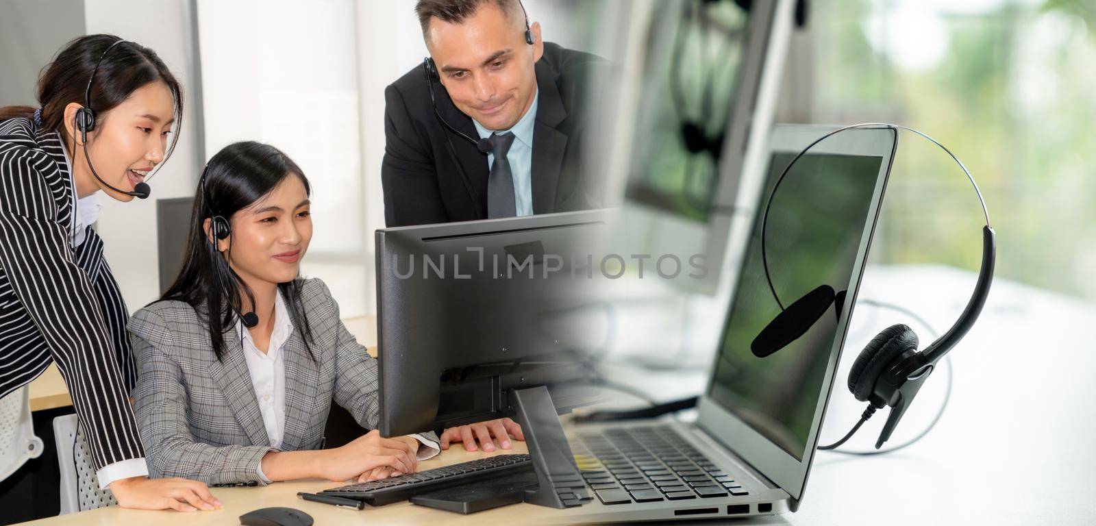 Business people wearing headset working in office to support remote customer or colleague. Call center, telemarketing, customer support agent provide service in broaden view .