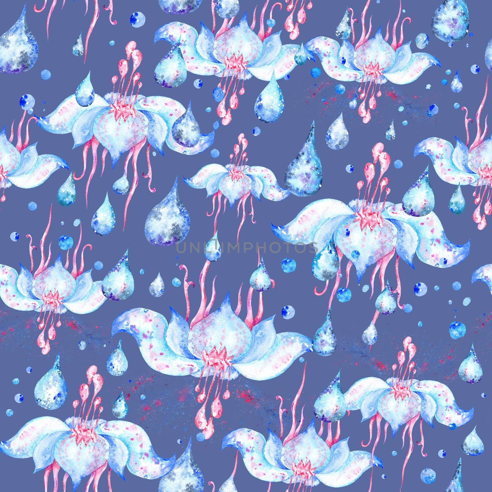 Watercolor seamless texture with lotus, water drops and color splash on blue background