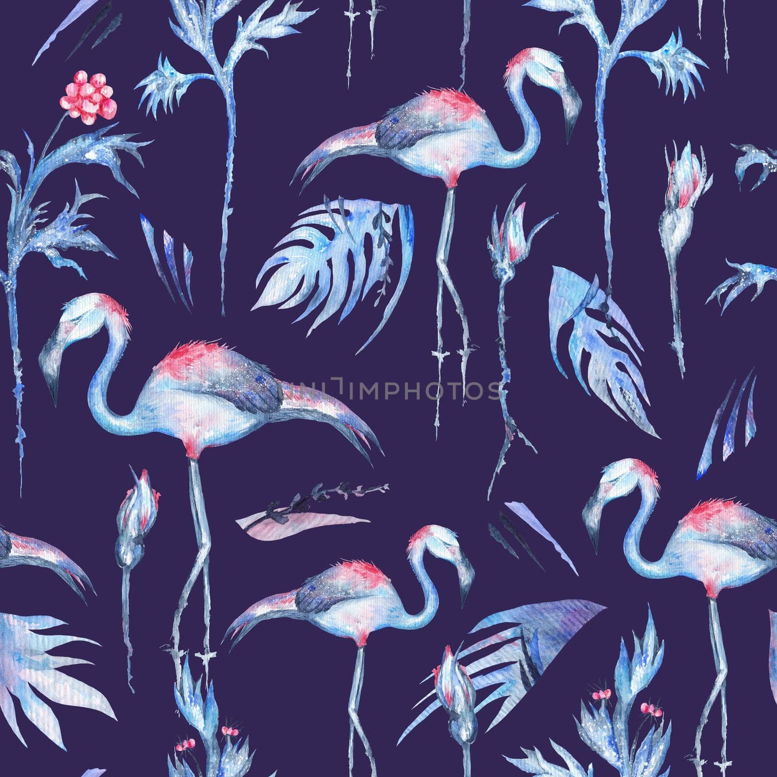 Seamless texture with exotic flowers and flamingo birds on indigo background