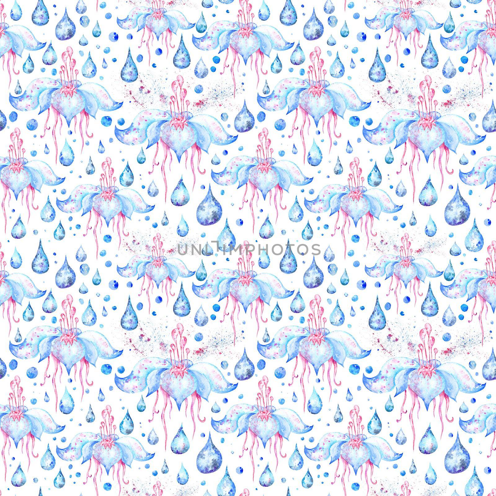 Watercolor seamless texture with lotus, water drops and color splash on white background