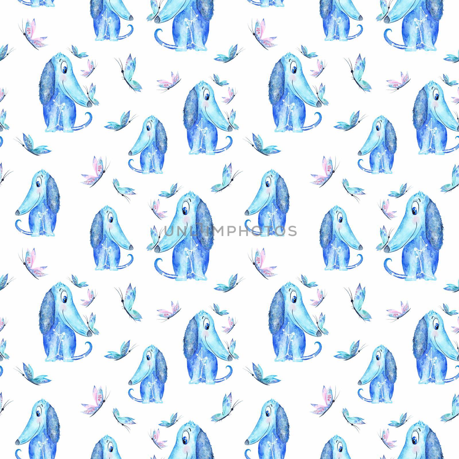 Watercolor Seamless texture with azure blue puppies, butterflies on white background