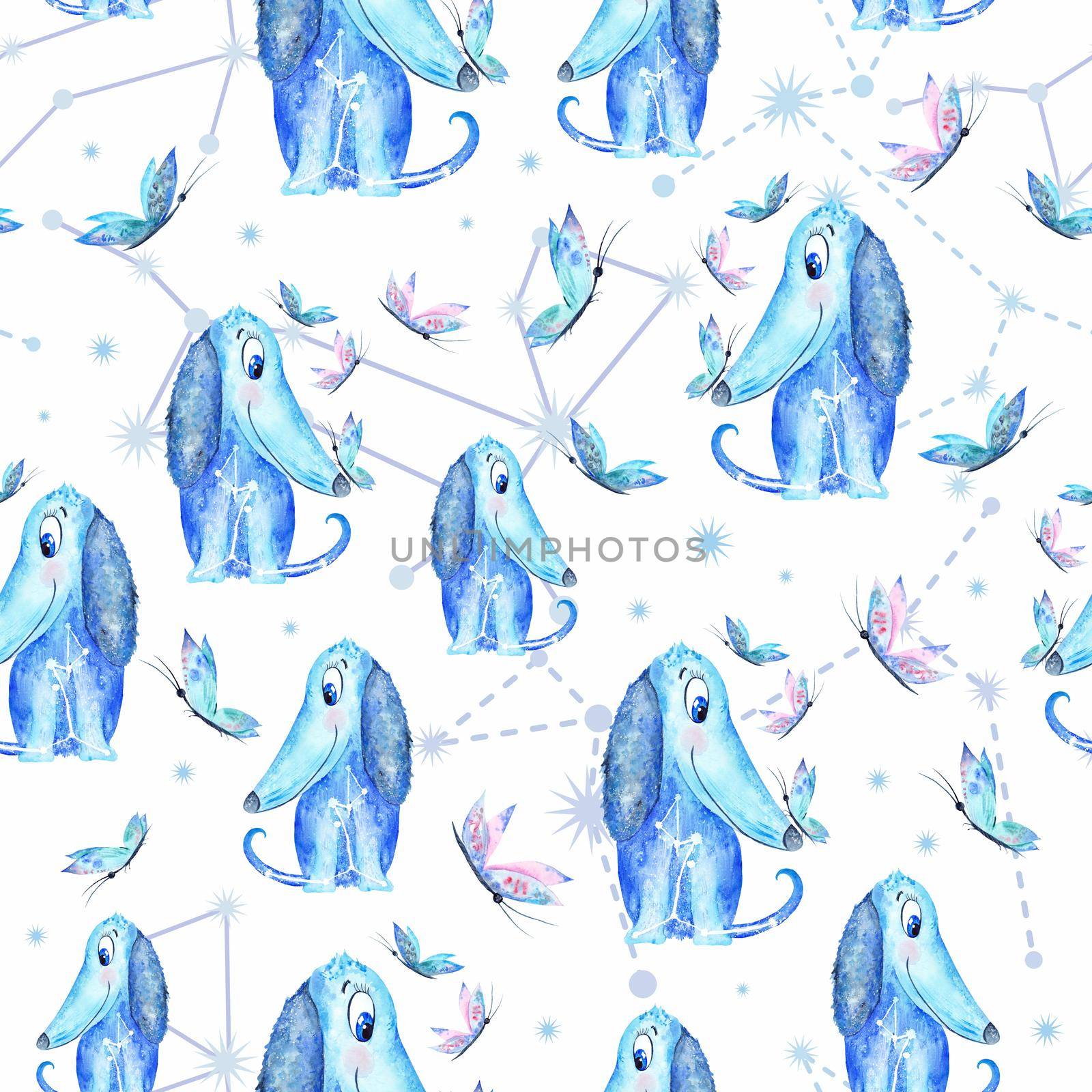 Watercolor Seamless texture with azure blue puppies, butterflies and constellation