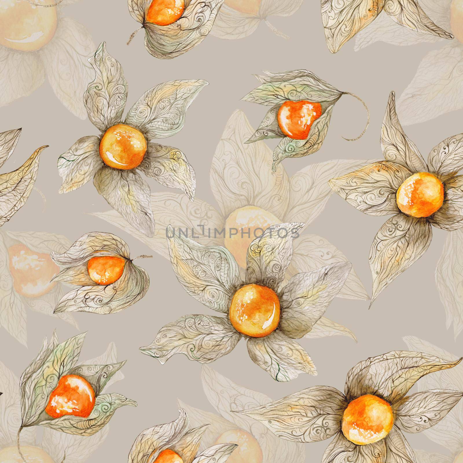 Colored aquarelle seamless texture with bright orange berries and pastel ornamental leafs