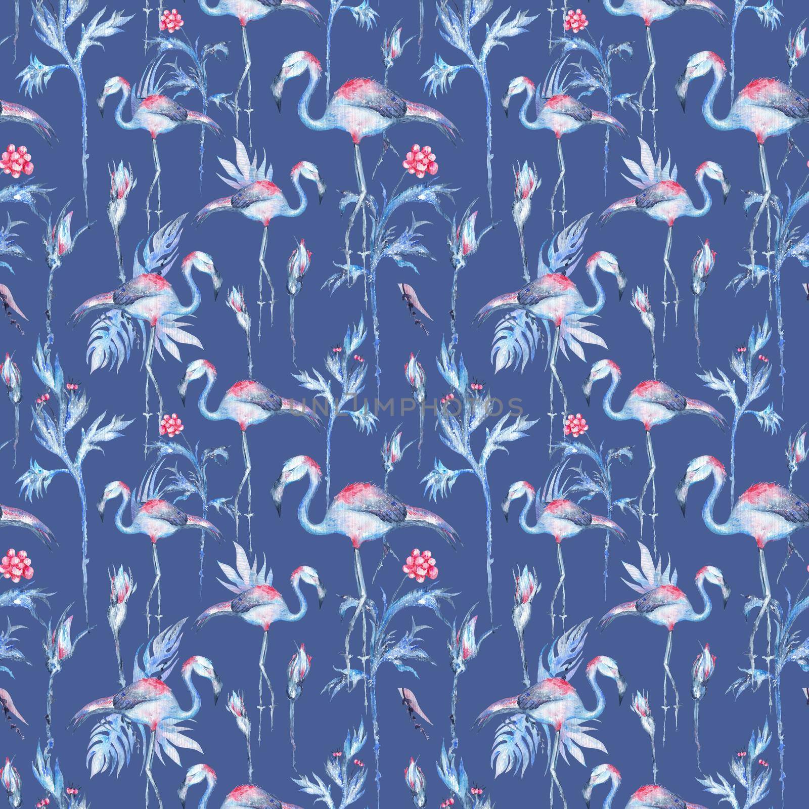 Seamless Watercolor texture with flamingo birds, plants and flowers for textile and wallpaper design