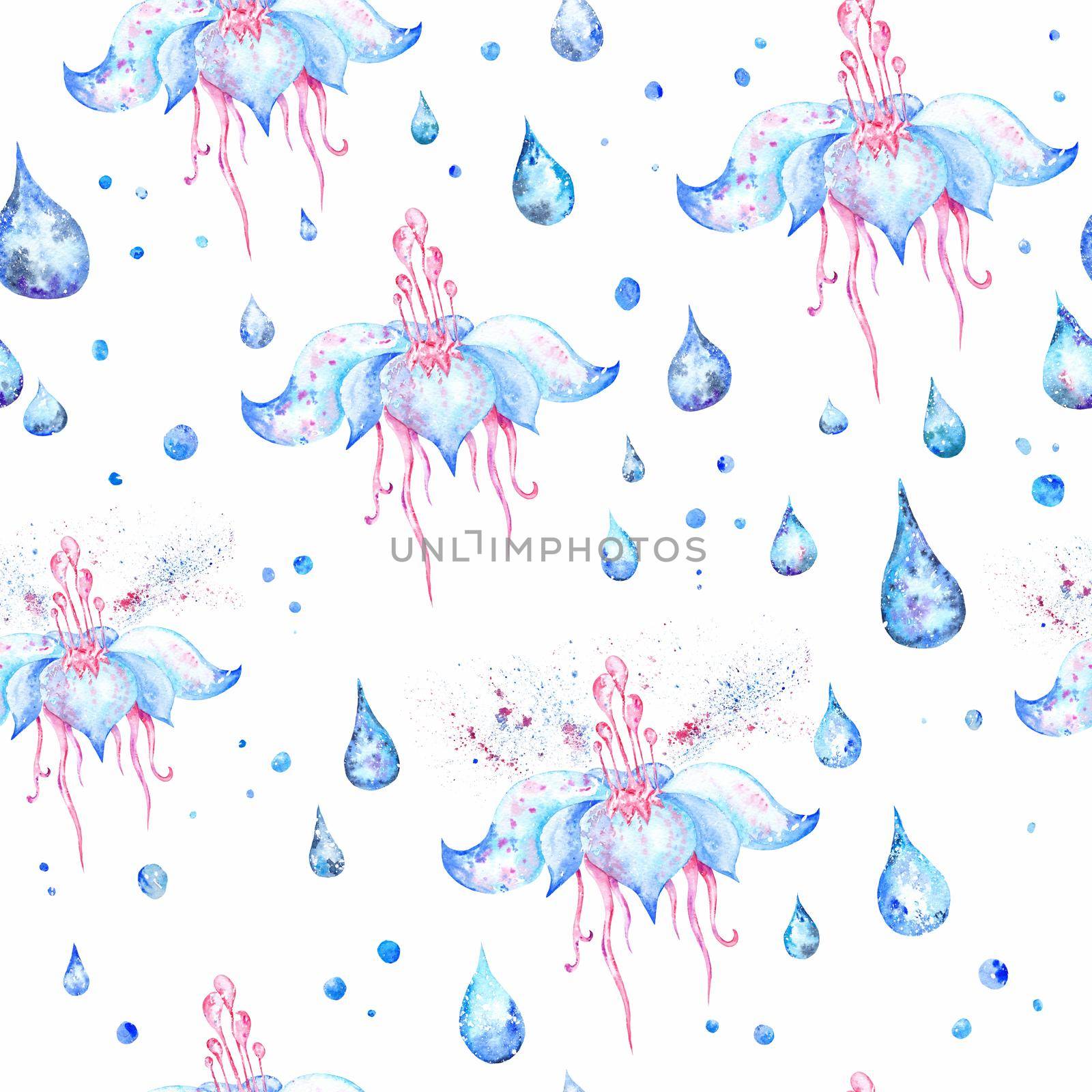 Watercolor seamless texture with lotus, water drops and color splash on white background