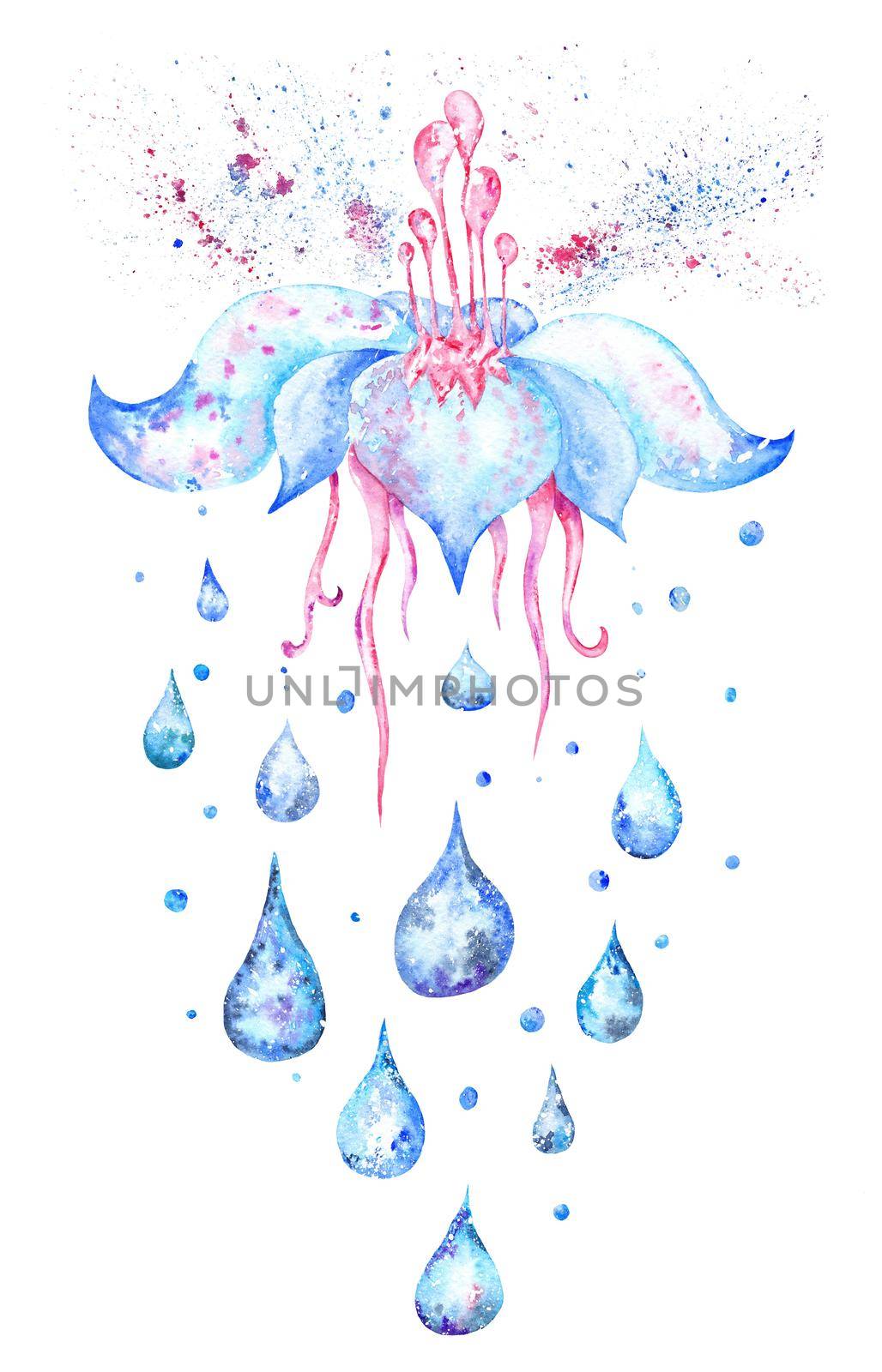 Tender Watercolor illustration with lotus, water drops and color splash