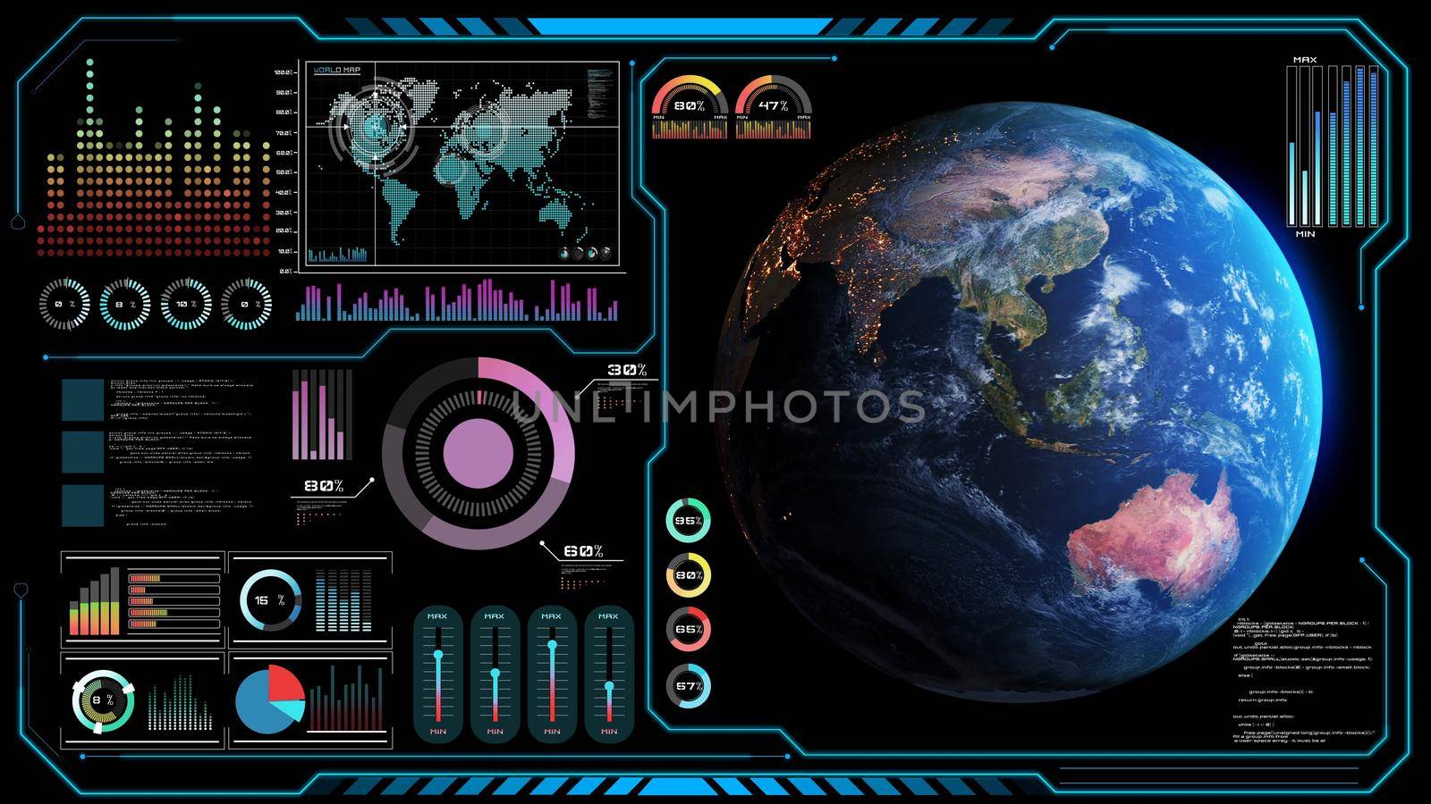Futuristic VR head-up display design with orbital global network 3D rendering by biancoblue