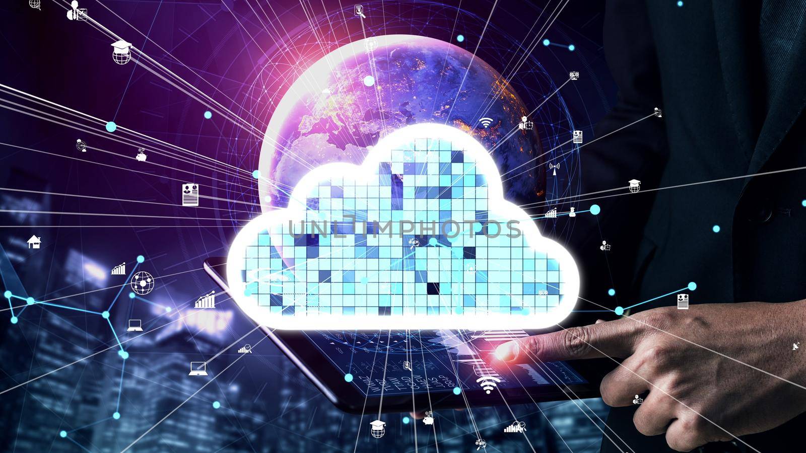 Conceptual cloud computing and data storage technology for future innovation . 3D render computer graphic .