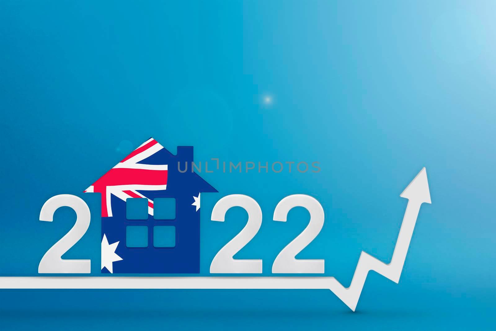 The cost of real estate in Australia in 2022. Rising cost of construction, insurance, rent in Australia. House model painted in the colors of the flag, up arrow on a blue background.