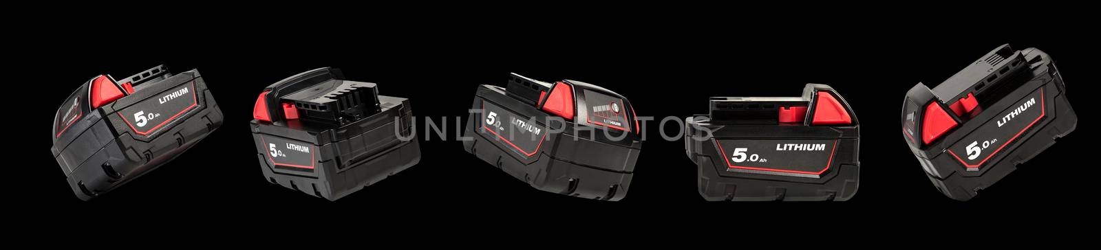 Battery for cordless tool. High capacity batteries for screwdriver. Batteries with a charge indicator on a black isolated background by SERSOL