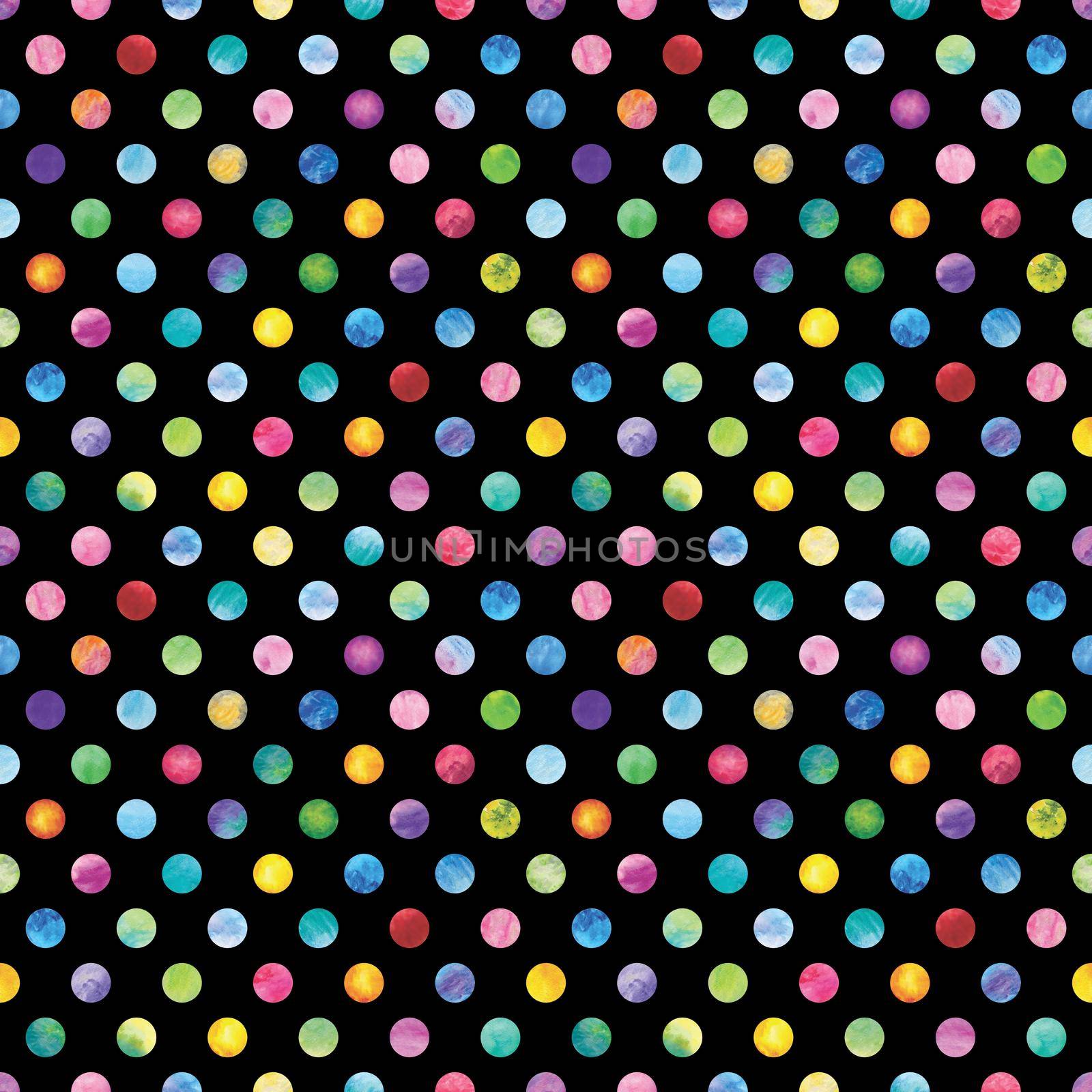 Seamless watercolor texture with colorful circles on black background