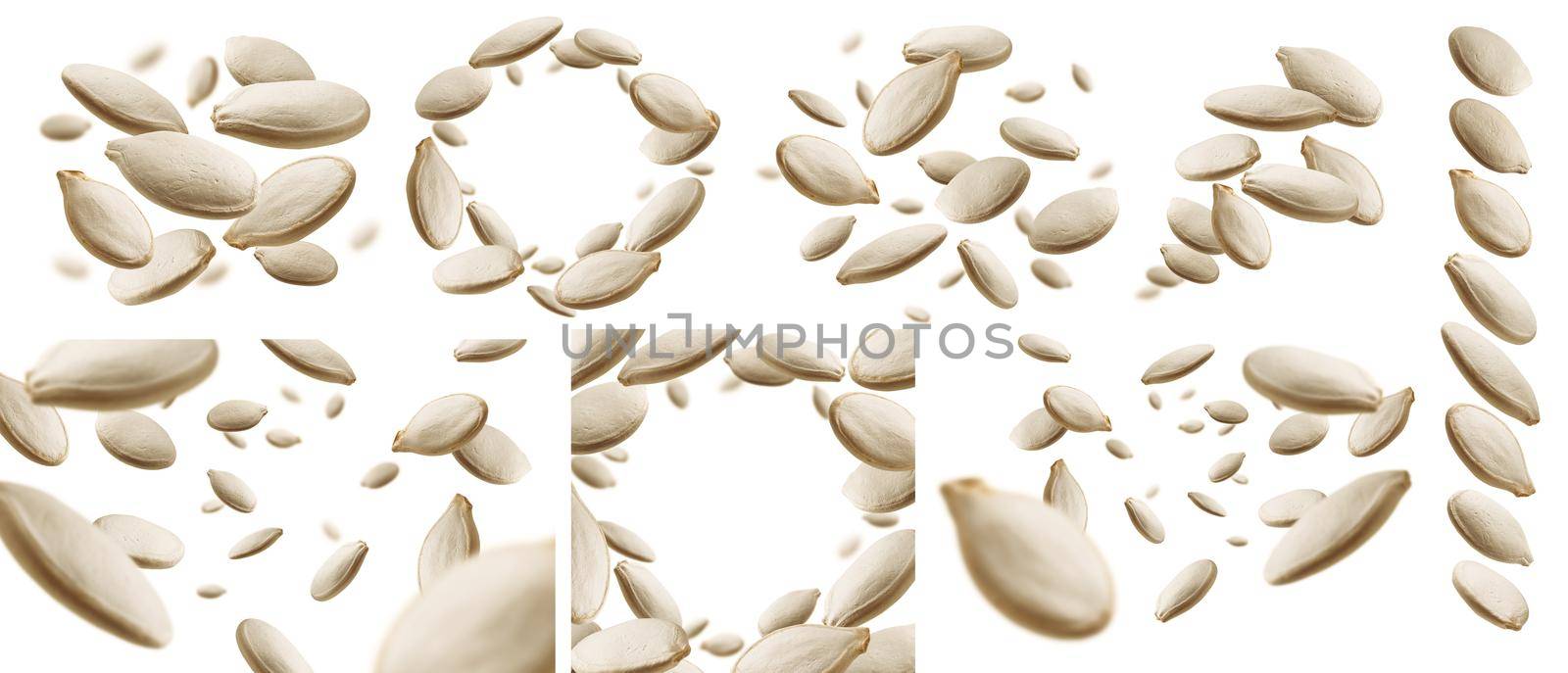 A set of photos. Pumpkin seeds levitate on a white background.