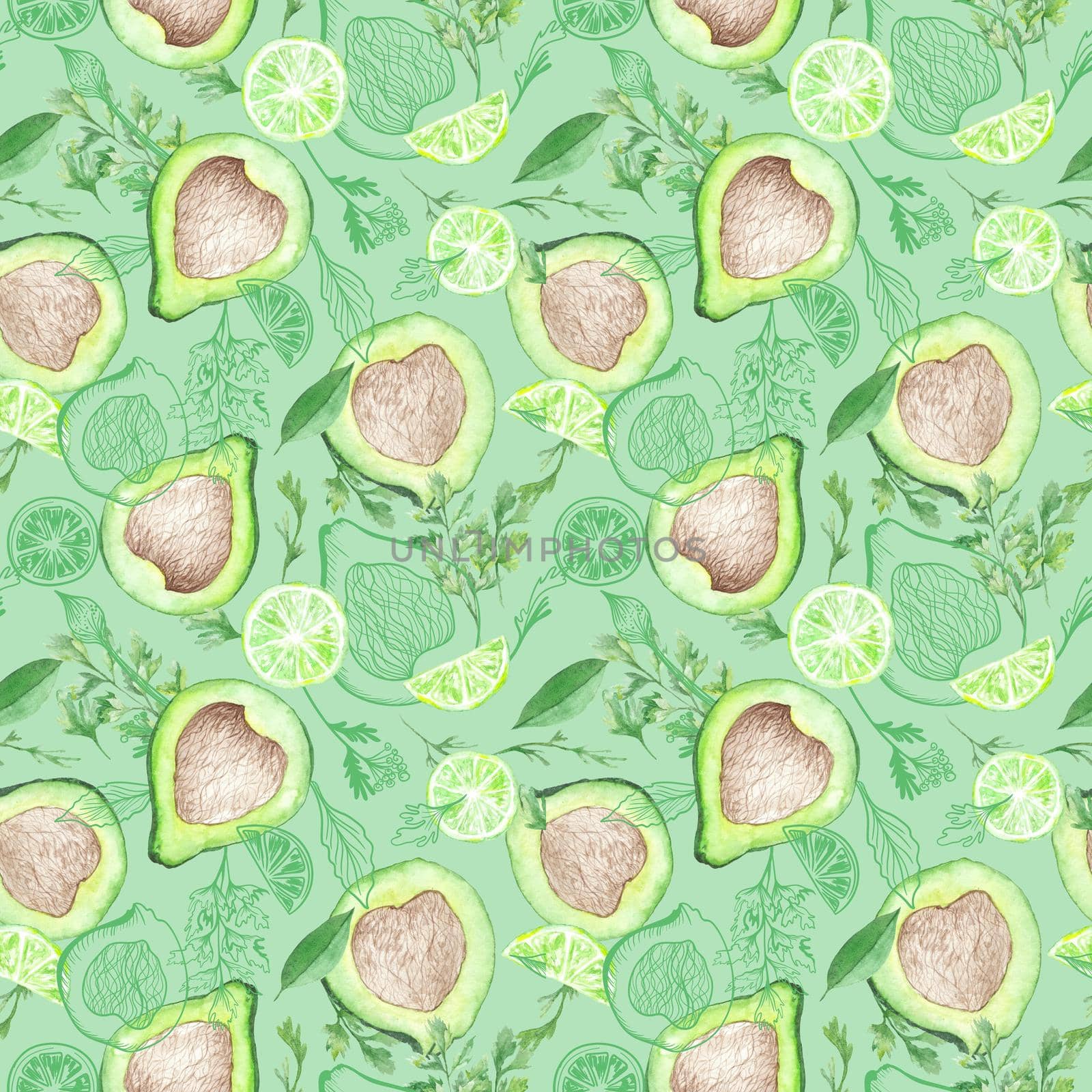 Healthy eat superfood hand painted background with avocado, lime and herbs