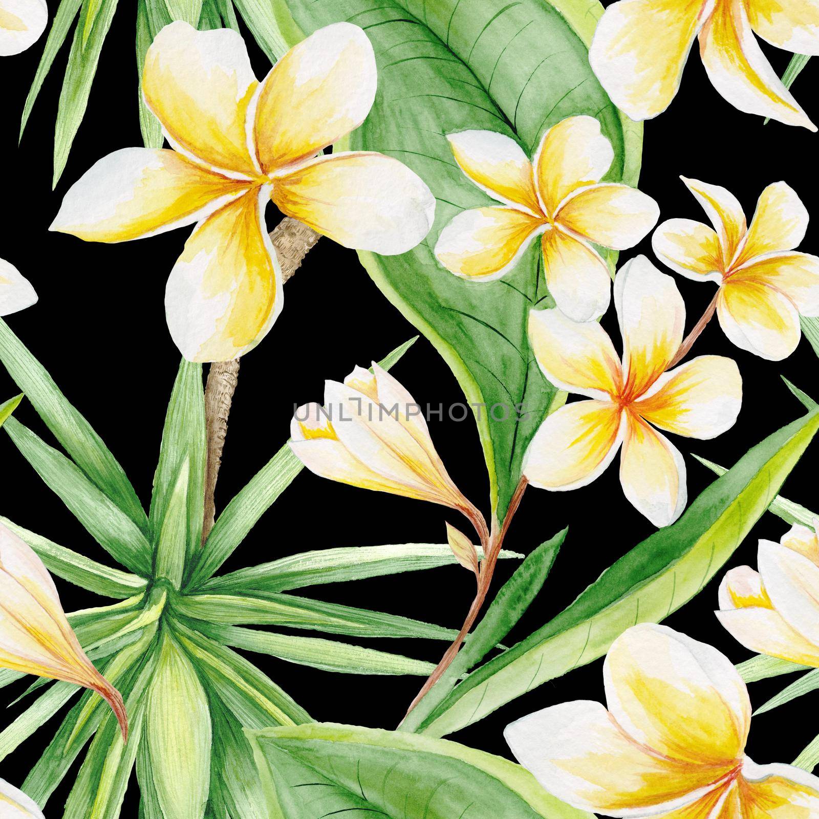 Travel hand-painted background with plumeria, frangipani flowers and yucca tree