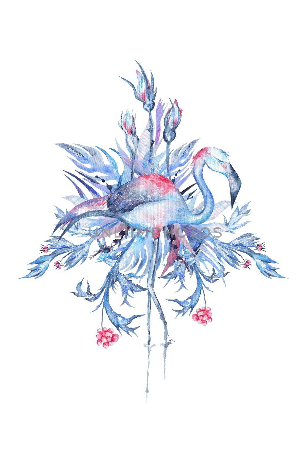 Watercolor composition with exotic bird, Tropical plants and roses in blue and pink colors isolated on white background