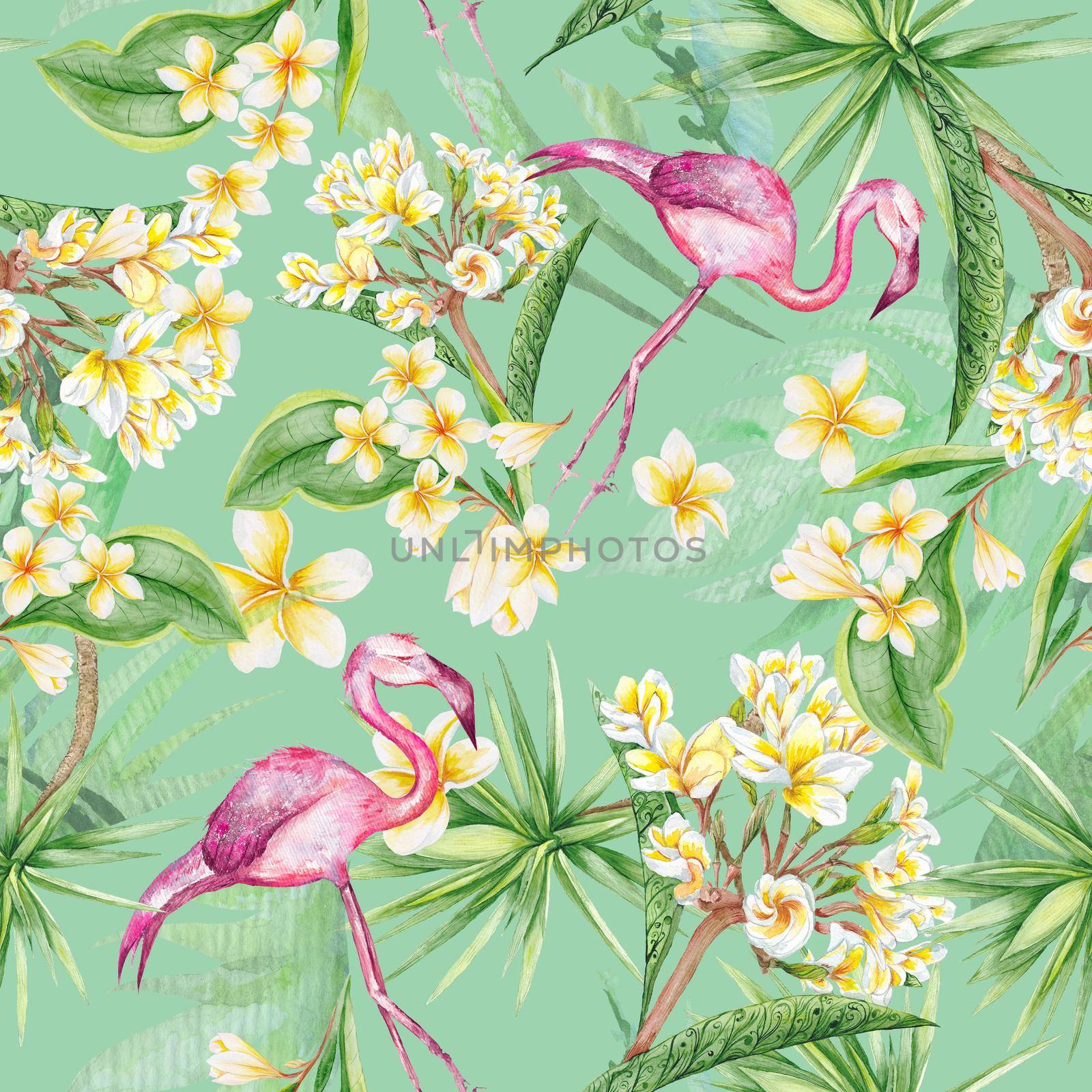 Tropical flamingo and plumeria flowers seamless pattern by kisika