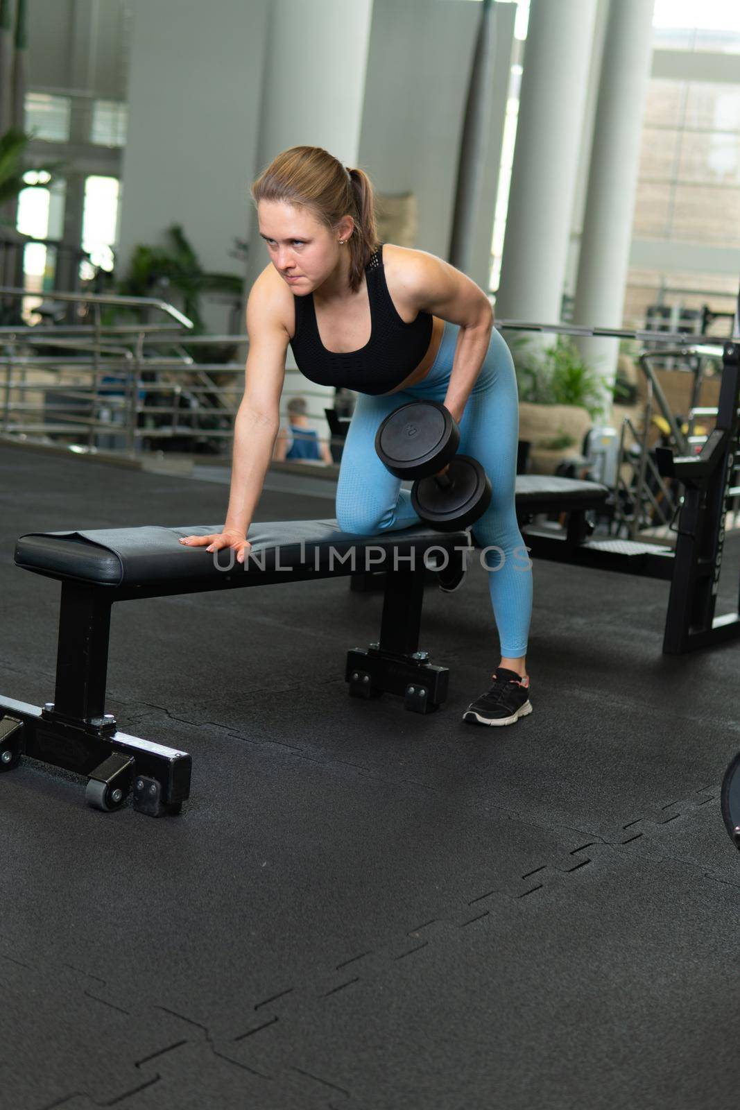 Woman dumbbells sportswear bench weight sport beautiful home exercising fitness, for healthy lifting for fit from strong female, over equipment. Activity women row, by 89167702191