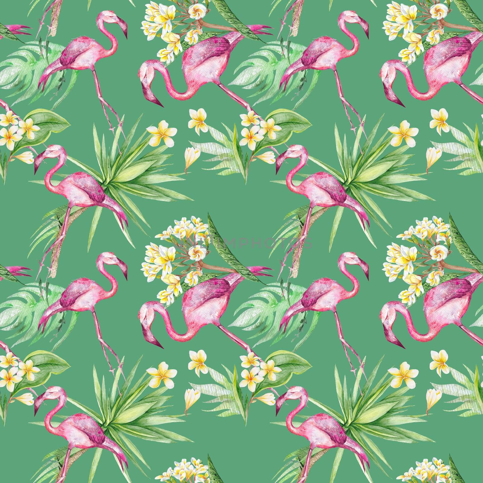 Exotic print with hand-painted watercolor plants and birds
