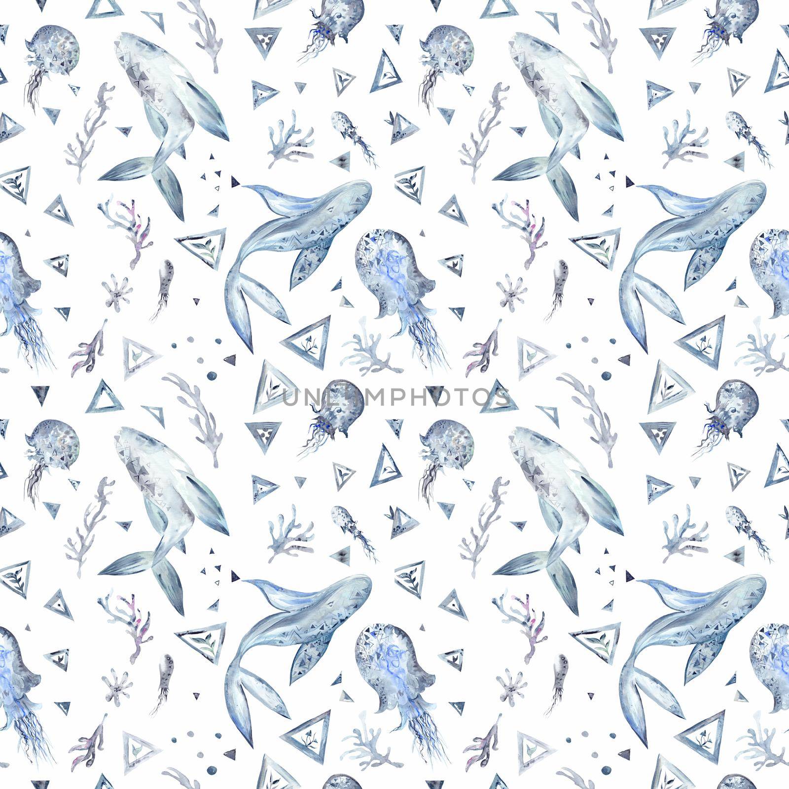 Seamless Watercolor Blue and Grey Whale Pattern by kisika