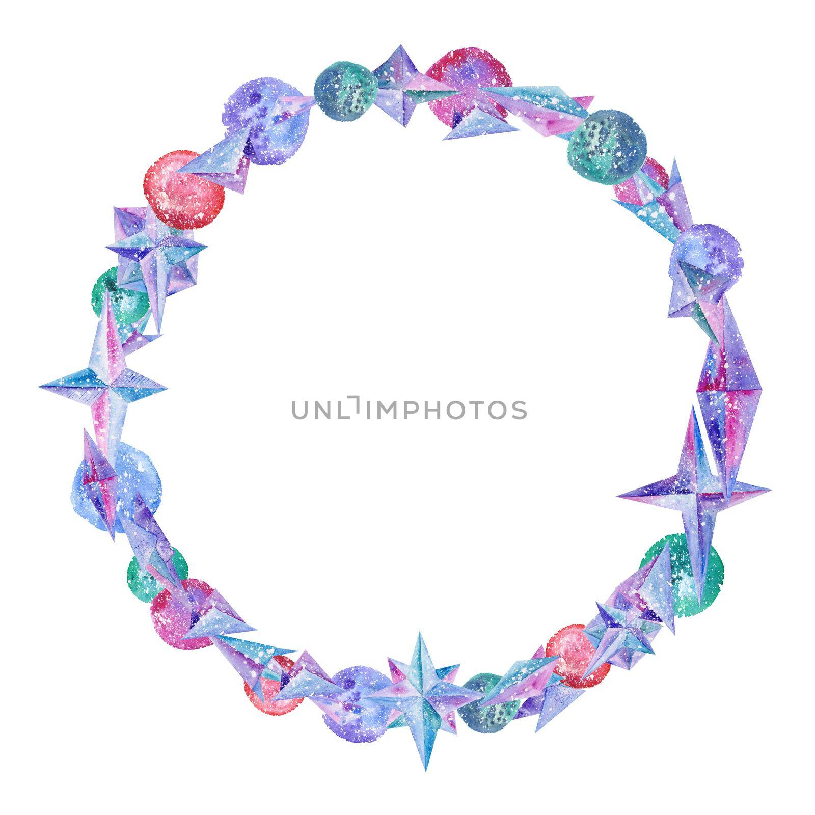 Circle wreath made of crystals and planets on white background