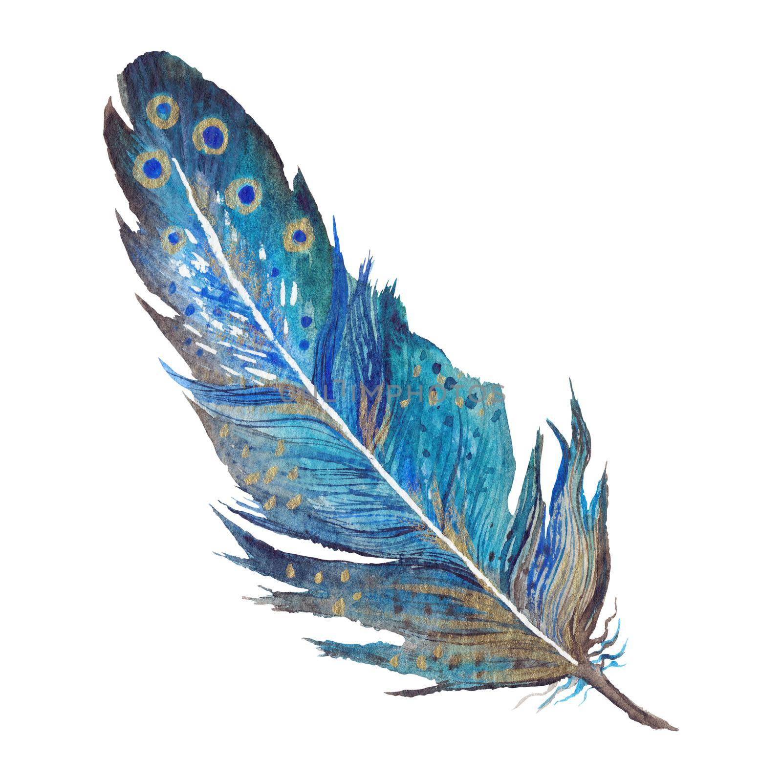 Boho Chic Watercolor Feather in turquoise blue color by kisika