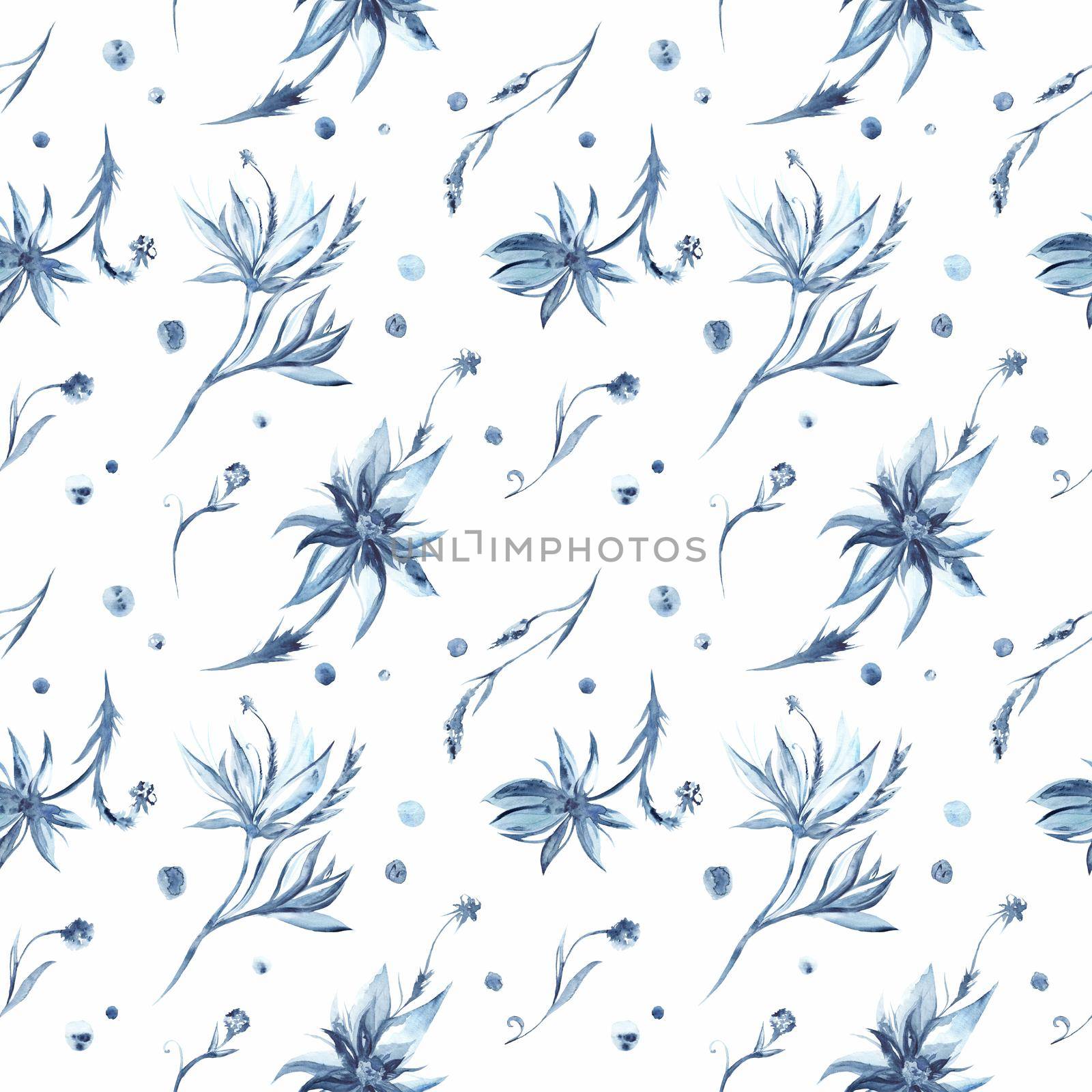 Watercolor hand-painted Fresh Blue Garden Seamless Pattern by kisika