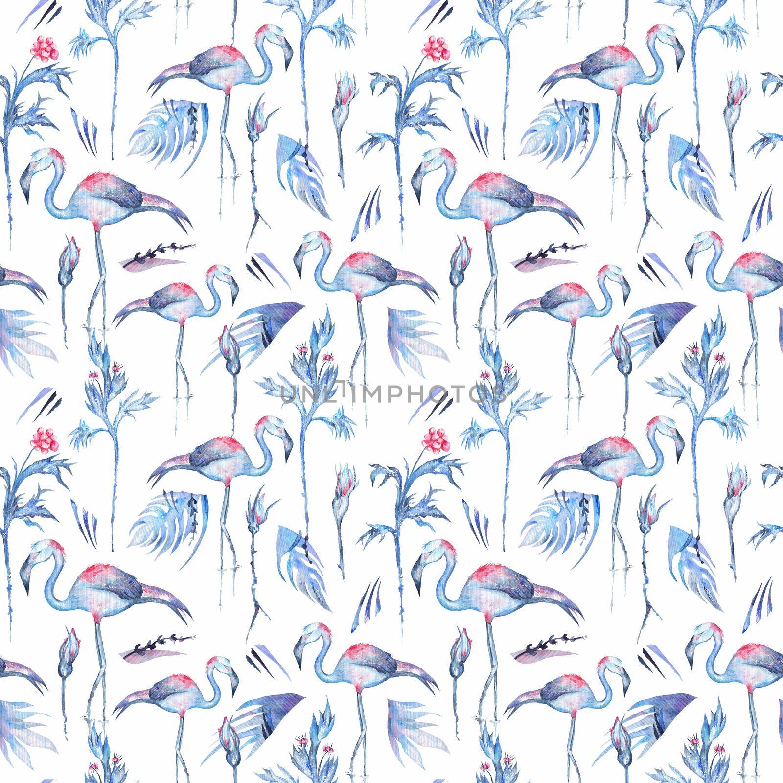 Seamless texture with frosty blue exotic plants, flowers and birds on white background for textile and wallpaper design