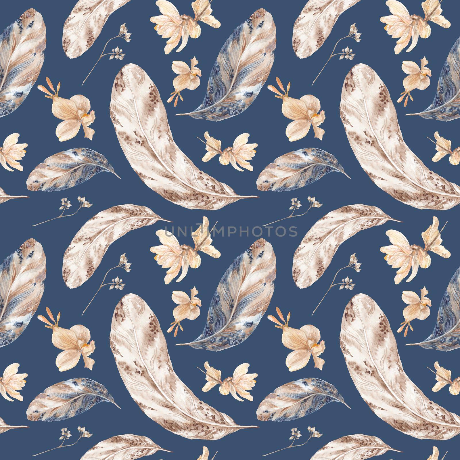 Fall Watercolor Pattern with Feathers on blue background by kisika