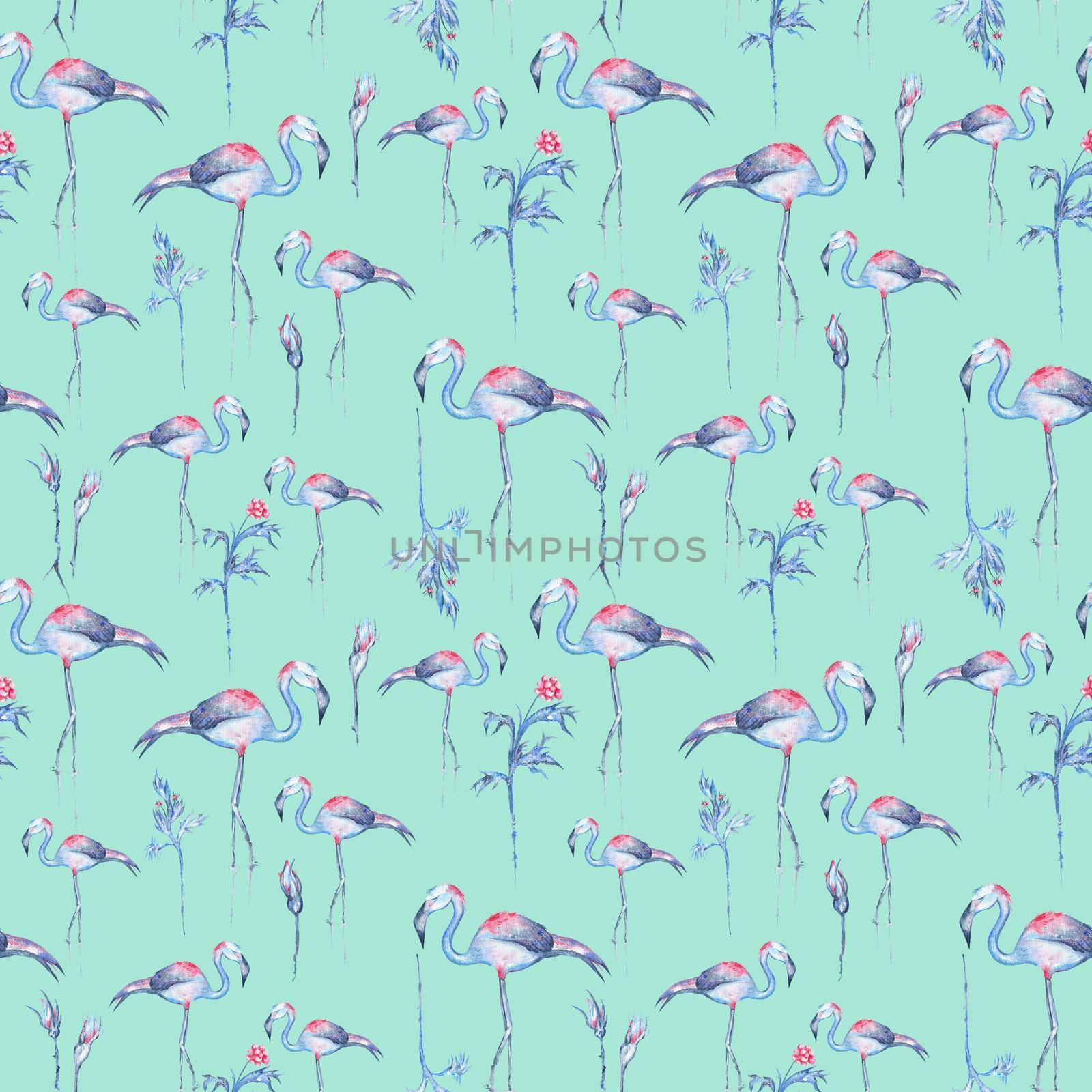 Seamless Watercolor texture with exotic plants, palm leaves and trendy flamingo bird on soft green background for textile and paper design