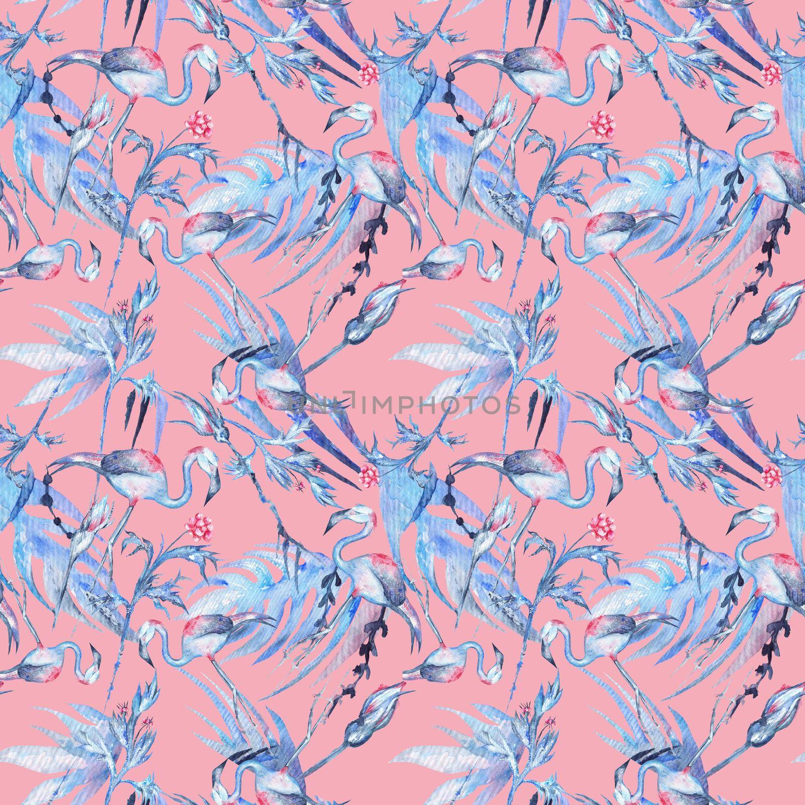 Seamless texture with exotic plants, palm leaves and trendy flamingo bird pink background for textile and paper design