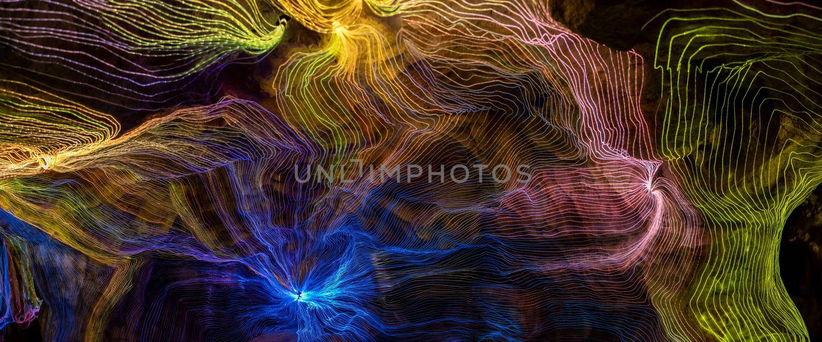 Abstract wave of digital weave lines connecting network dots and dark background by biancoblue