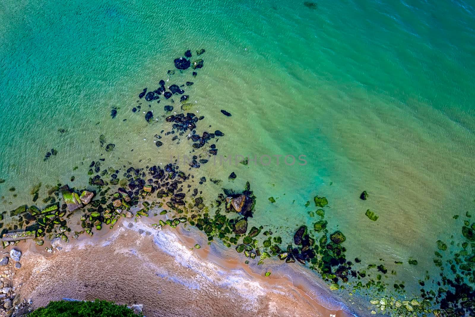 Aerial drone view of crystal clear lagoon sea water surface with rocks and seagulls