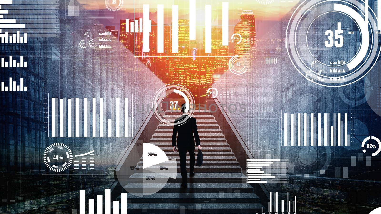 Ambitious business man climbing stairs to meet incoming challenge and business opportunity. The high stair represents the conceptual of career path success, future planning and business competitions.