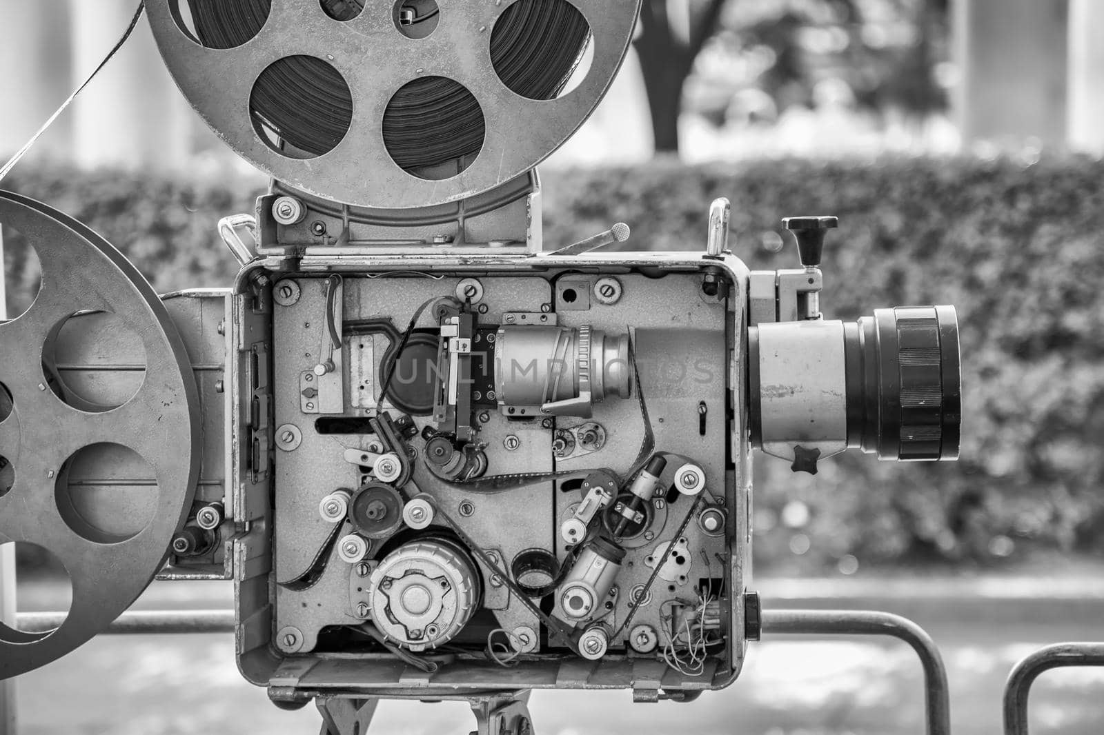 Old style vintage retro film movie camera. Detail