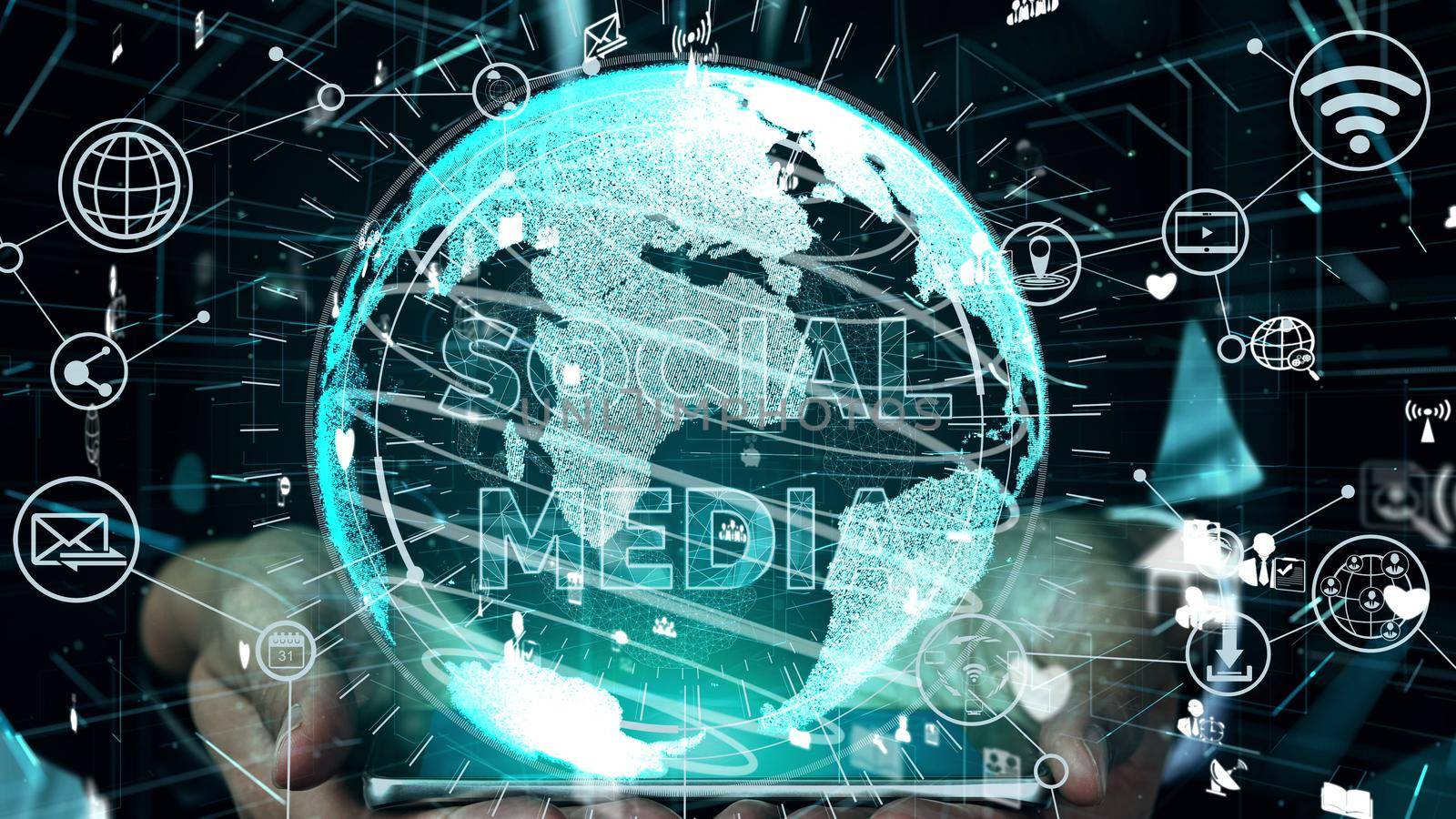 Social media and young people network conceptual. Modern graphic interface showing online social connection network and media channels to engage customer interaction in the digital business.