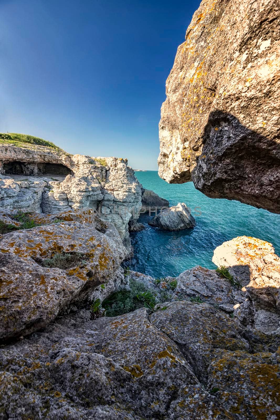 spectacular landscape at coastal cliffs near Tyulenovo village, Black Sea, Bulgaria. Vertical view