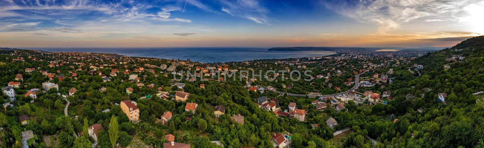 Amazing aerial panoramic view of suburbs and coast and Varna city, Bulgaria. Day view by EdVal
