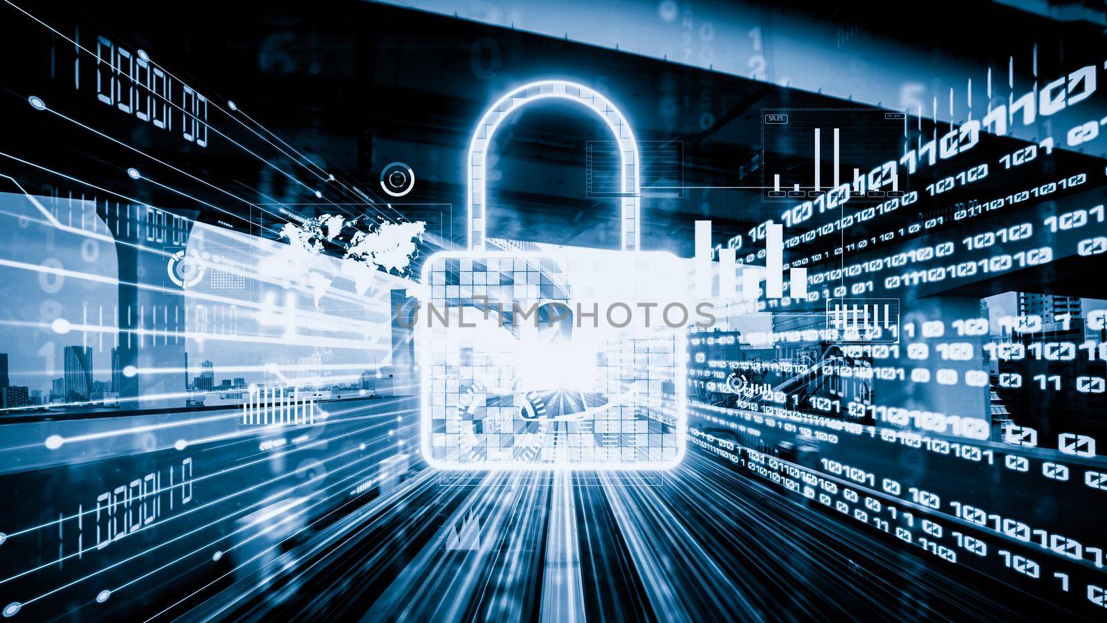 Cyber security and online data protection with tacit secured encryption software . Concept of smart digital transformation and technology disruption that changes global trends in new information era .