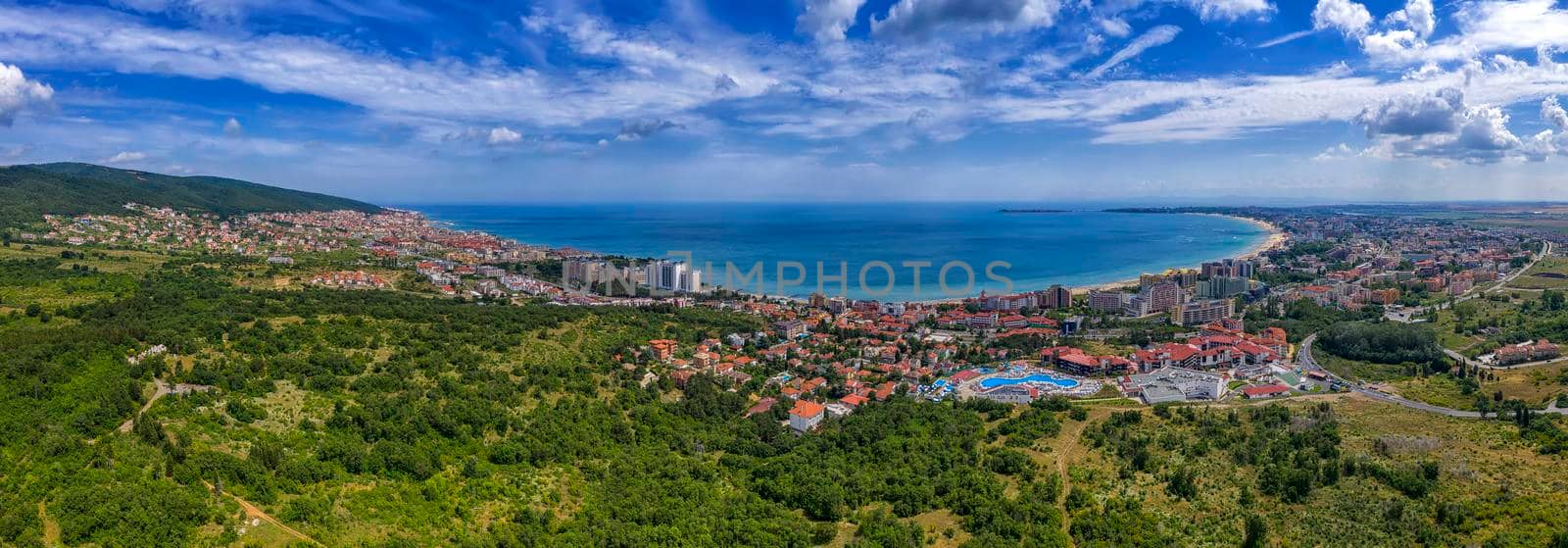 Amazing aerial panorama drone view of bay Sunny Beach, Nessebar, and Sveti Vlas, Bulgaria by EdVal