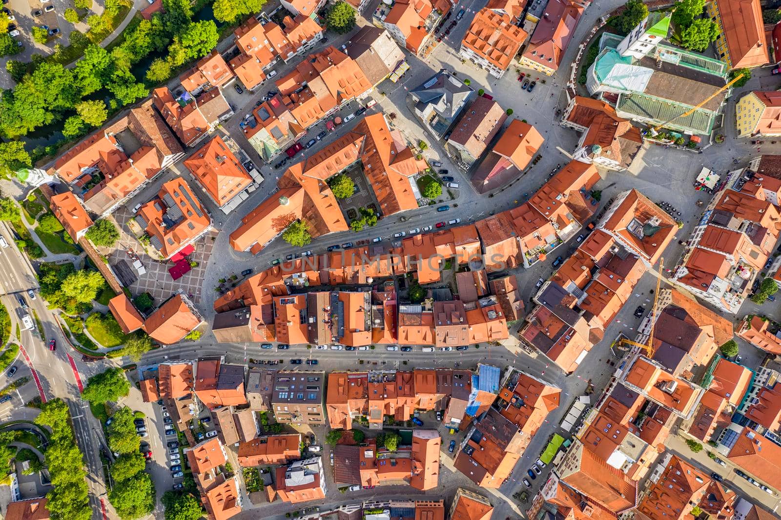 WANGEN IM ALLGAU, GERMANY - July 21.2019: Aerial view from drone to the ancient historic medieval old town