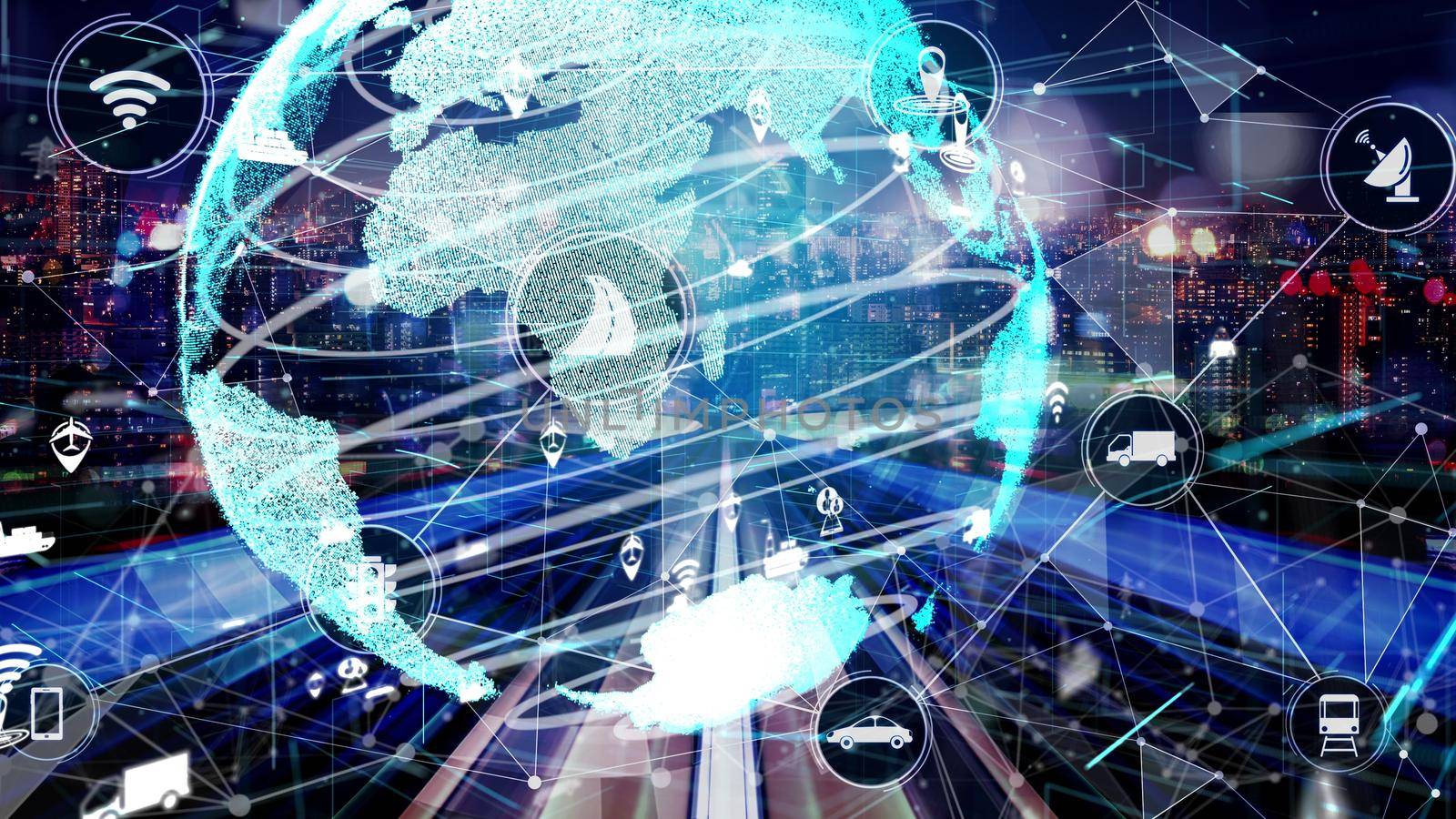 Smart transport technology concept for future car traffic on newish city road . Virtual intelligent system makes digital information analysis to connect data of vehicle on city street .