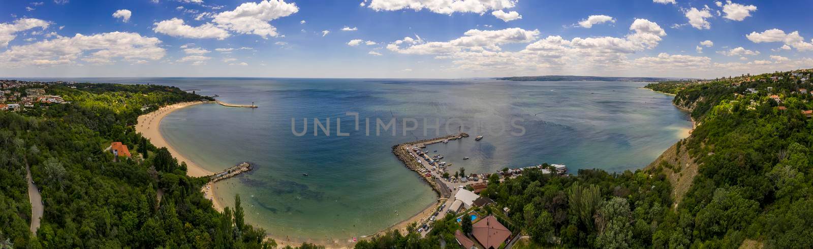 Aerial drone view of the bay with a beautiful beach and fishing village. Euxinograd, Varna, Bulgaria. Aerial drone view of sea and coast above Varna, Bulgaria
