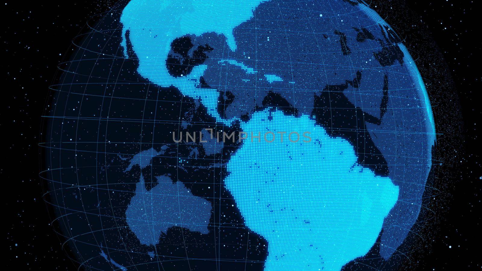 3D Digital orbital earth in cyberspace showing concept of network technology . Hologram of globe sphere graphic connect to internet presents global communication and connection network . 3D render .