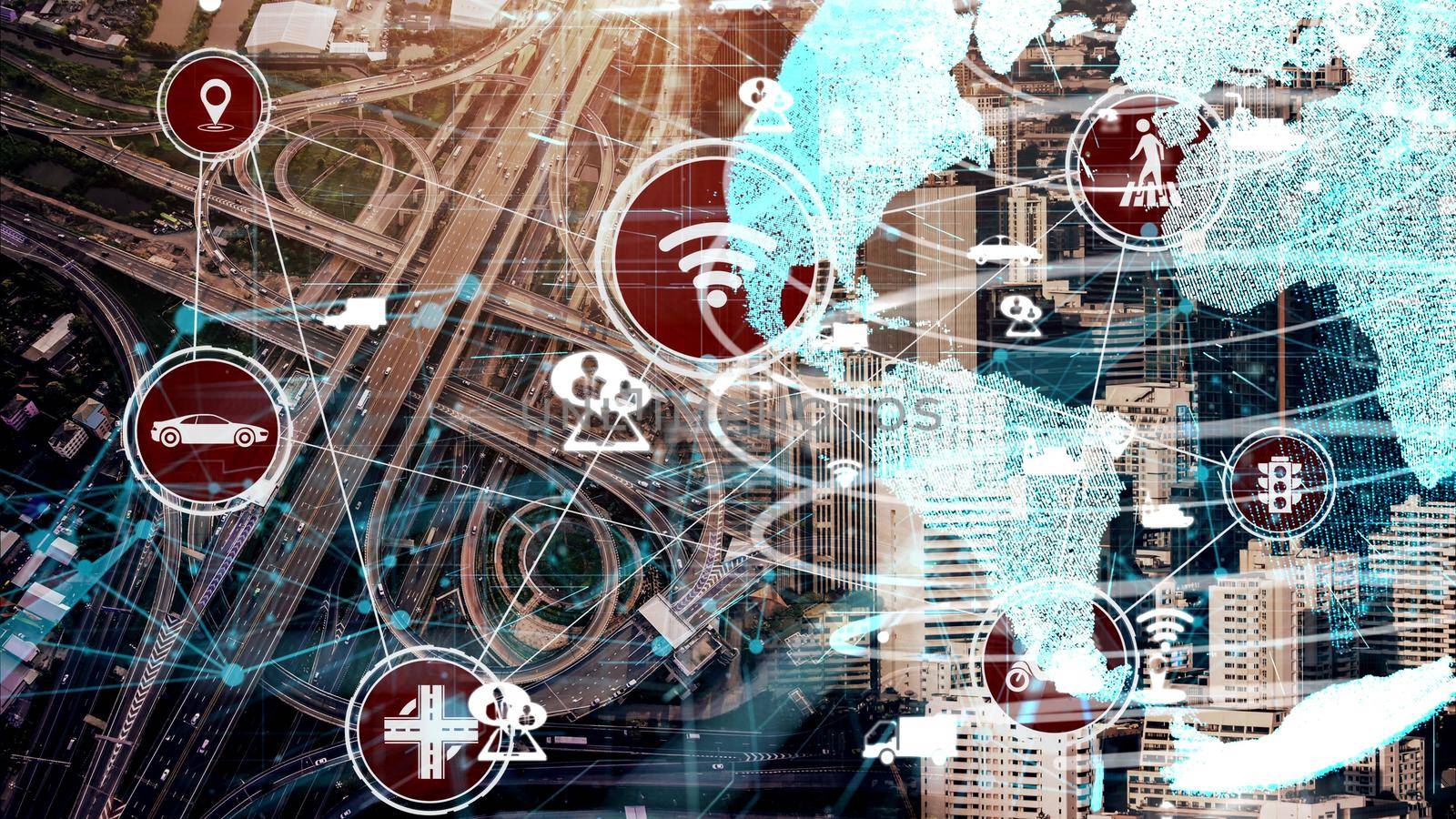 Smart transport technology concept for future car traffic on newish city road . Virtual intelligent system makes digital information analysis to connect data of vehicle on city street .