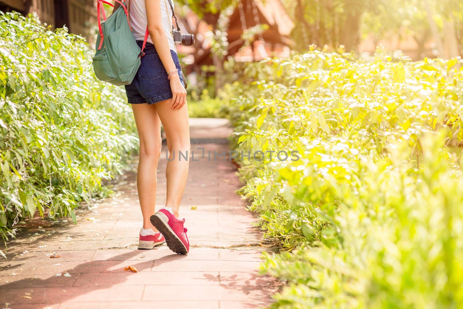 girl teen travel walking in the nature footpath, women tourist walking with hat backpack bag