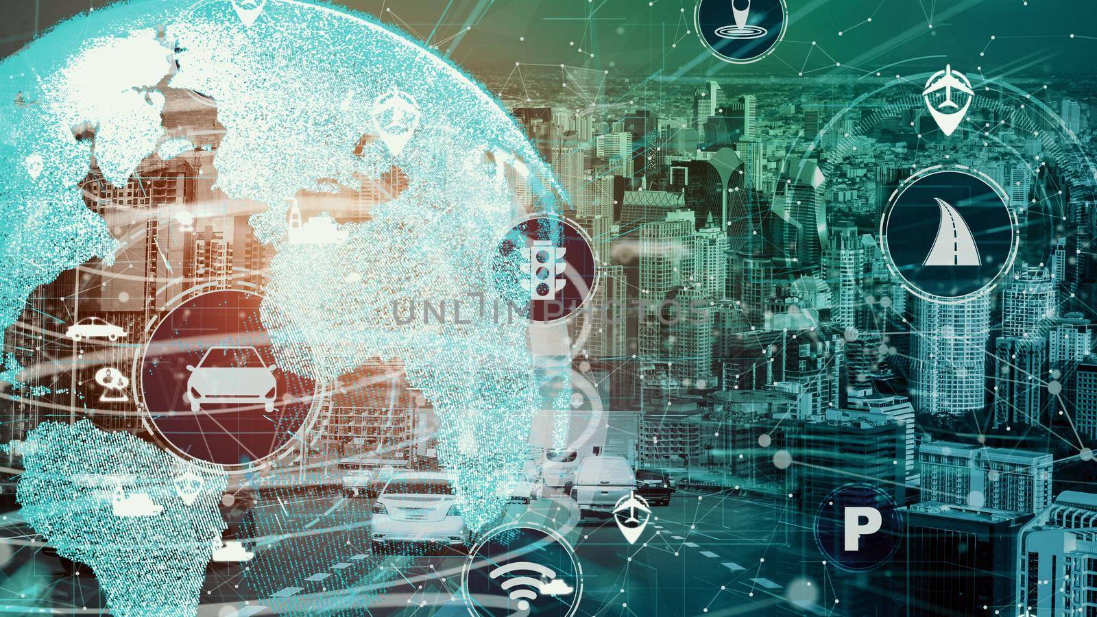 Smart transport technology concept for future car traffic on newish city road . Virtual intelligent system makes digital information analysis to connect data of vehicle on city street .