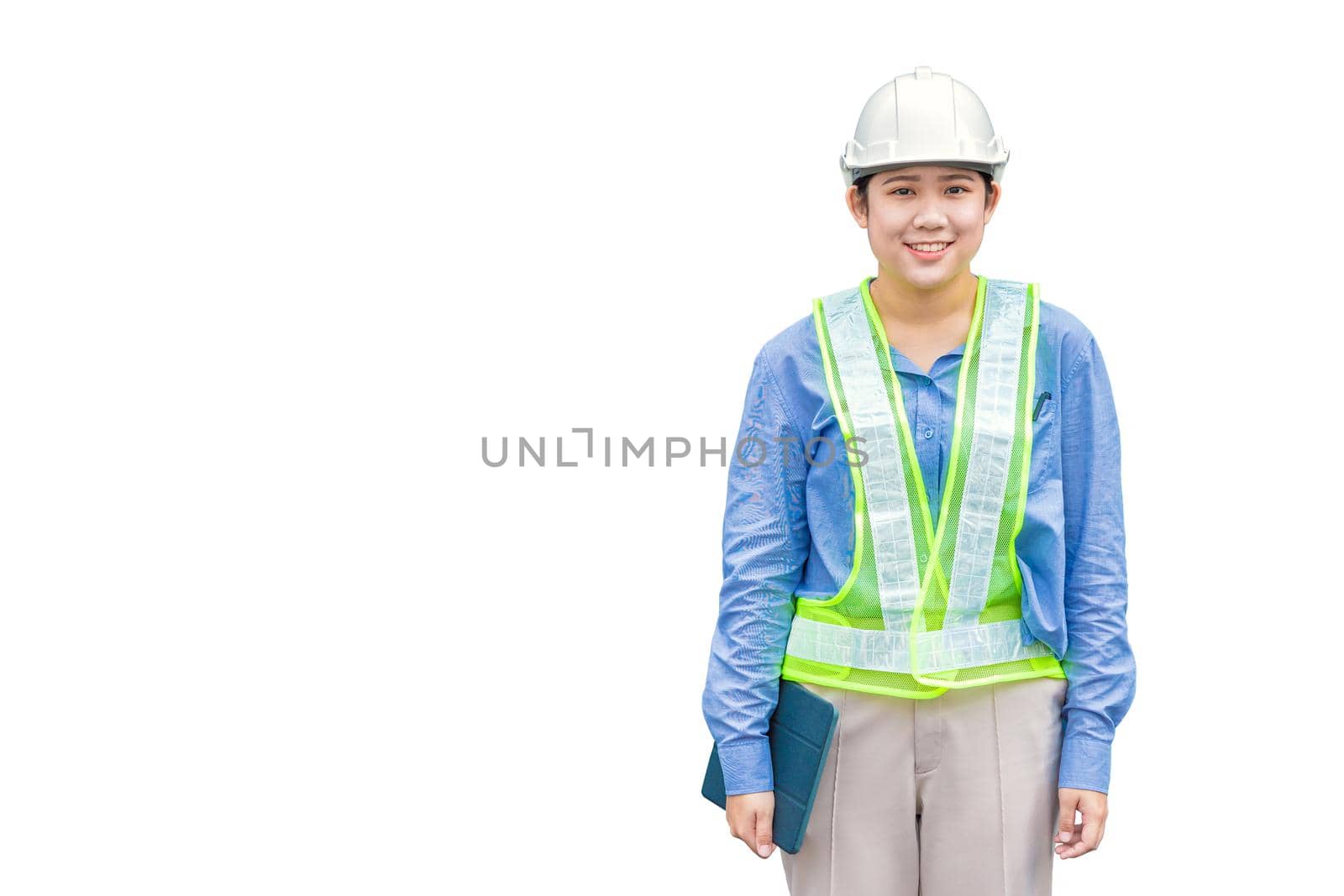 Asian woman worker industry staff foreman engineer waring safety vest reflective strip helmet hardhat smiling isolated on white background