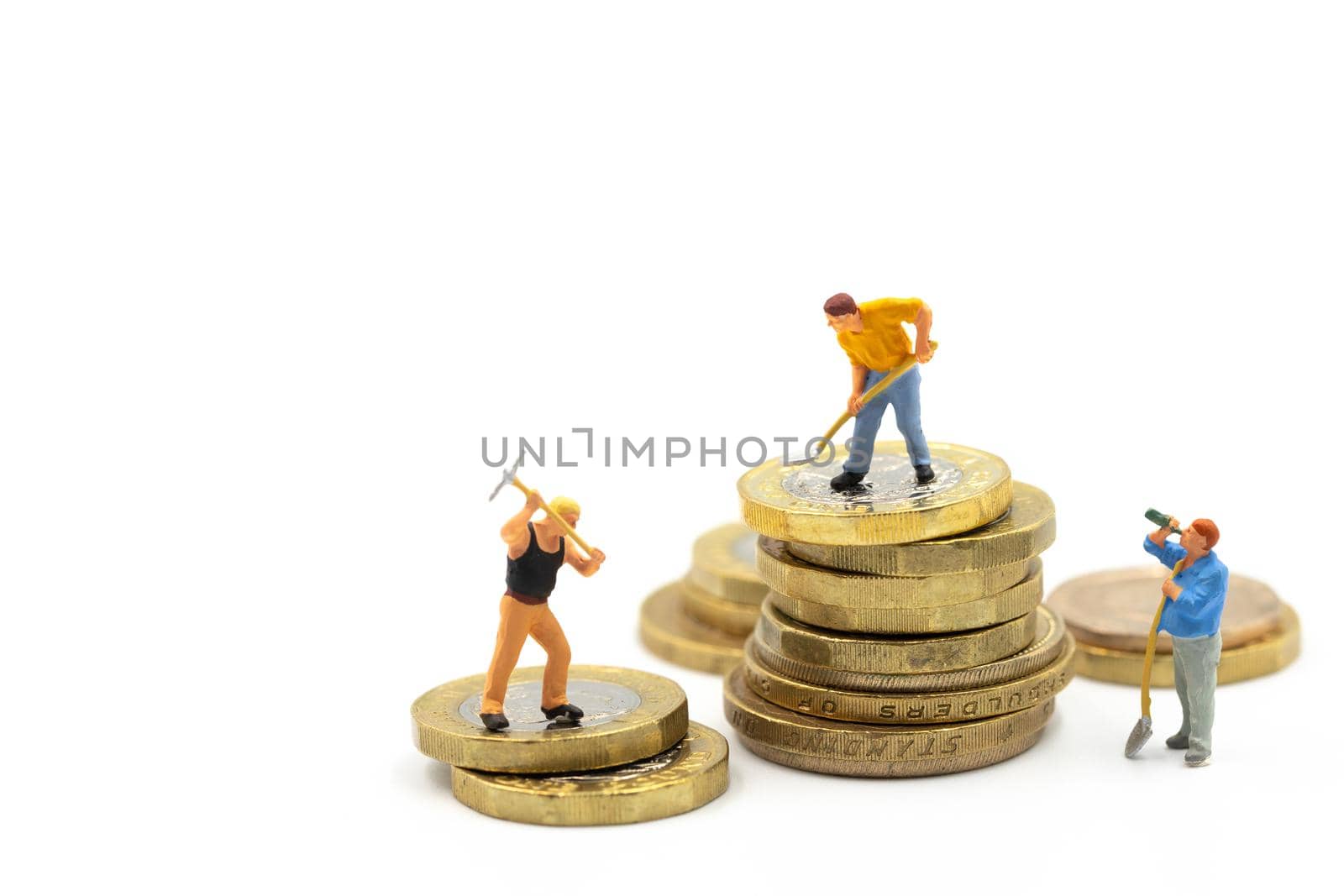 People worker working on coin money isolated on white. Employee Work for Make your Money Good retirement and Financial Freedom concept. by qualitystocks