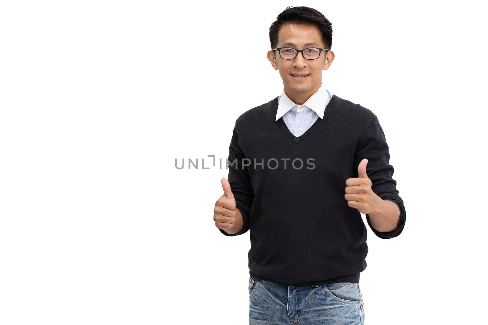 Asian businessman thumbs up smiling posture isolated on white background.